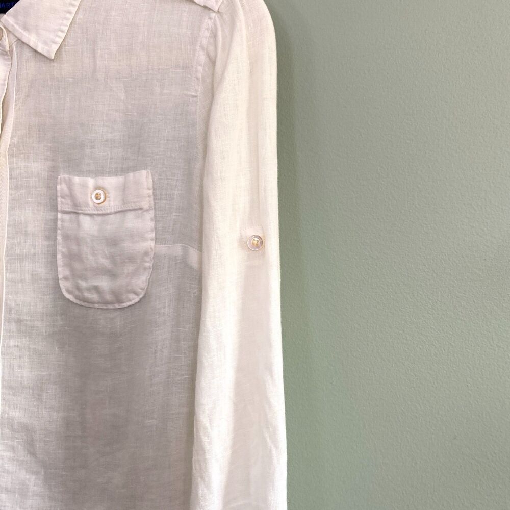 Martin & Osa Linen Shirt Button Up Roll Tab Sleeve Womens 2 White Military - Picture 6 of 14